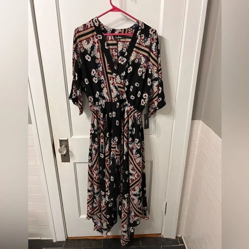 Lulu's Black and Red Floral Midi Dress